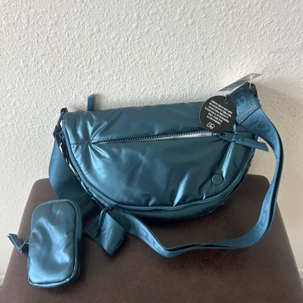 Samantha Brown To-Go Half Moon Travel Sling with Mini Pocket BLUE METALLIC nwt - Picture 2 of 5